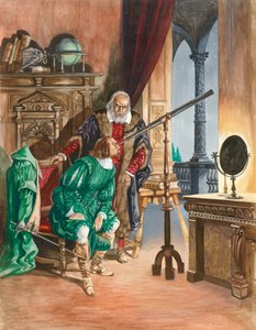 Galileo, ahora ciego, deja que un amigo mire las estrellas a través de su telescopio desde el balcón de su estudio en Pisa de Peter Jackson