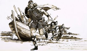 El Rey Vortigern trajo a dos jefes bárbaros - Hengest y Horsa - a Gran Bretaña (gouache sobre papel)
