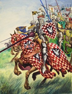 Caballeros cargando hacia la batalla (gouache sobre papel)