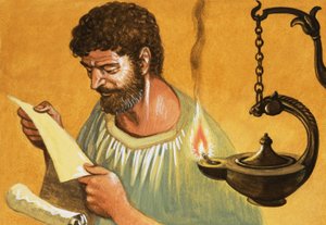 ¡Hágase la Luz! Hombre griego leyendo a la luz de una lámpara de Peter Jackson