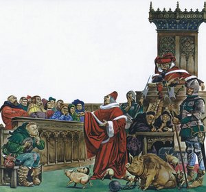 Corte medieval en la que se juzgaban animales (litografía a color)