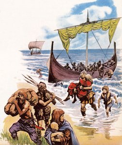Sajones llegando a Gran Bretaña en los barcos largos desde Alemania