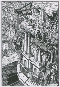 Sir Christopher Wren inspeccionando el progreso en la cúpula de Peter Jackson