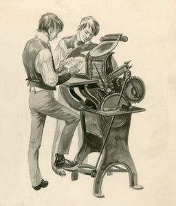 Los hermanos Wright de niños, imprimiendo su periódico llamado The Midget. Obra original para Treasure de Peter Jackson