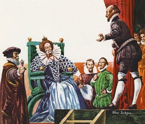William Shakespeare presentando una de sus obras a la reina Isabel I