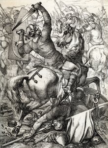 Batalla de Hastings librada el 14 de octubre de 1066 entre el ejército normando-francés del duque Guillermo II de Normandía y un ejército inglés al mando del rey anglosajón Harold II, durante la conquista normanda de Inglaterra Dibujo a la pluma Historical de Peter Johann Nepomuck Geiger