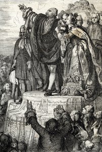Celebración de la Primera Federación Nacional el 14 de julio de 1790 en el Altar de la Patria de Champs-de-Mars, con motivo del primer aniversario de la toma de la Bastilla: El rey Luis XVI, rodeado de su familia, jura la Constitución.