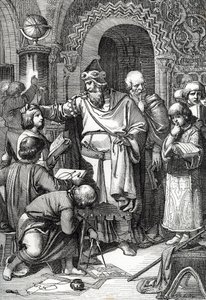 Emperador Carlomagno (742-814) fundador de la escuela reunión de niños" (El emperador Carlomagno se reúne con los niños, su interés por la educación y el aprendizaje y el mecenazgo de los eruditos ha hecho que se le considere el patrón de las escuelas) Dib de Peter Johann Nepomuck Geiger