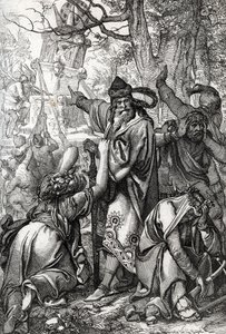 Emperador Carlomagno (ca. 742-814) en guerra contra los sajones, 772 (Emperador Carlos el Grande (Carlomagno) durante las guerras sajonas, 772) Dibujo a pluma de "Historische Memorabilian des In-und Auslandes" (Recuerdos históricos) de Anton Ziegler de Peter Johann Nepomuck Geiger