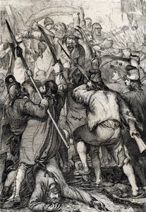 Revolución Francesa: El pueblo armado y furioso entra por el puente levadizo y asesina a la guarnición y al gobernador durante el asalto a la Bastilla. de Peter Johann Nepomuck Geiger