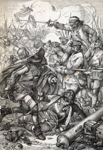 Gran Guerra del Norte: "The Battle of Poltava (or Pultawa) between the Armee of Peter I of Russia and the troops of Charles XII of Sweden, 8/07/1709" (Gran Guerra del Norte: Batalla de Poltava, 8 de julio de 1709) Dibujo a pluma de "Historische Memorabilia