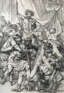 Heptarquía: "representación del líder anglosajón Hengist (siglo V) matando a sus enemigos para fundar el reino de Kent, hacia 461" (Saxon heptarchy: El líder anglosajón Hengist (o Hengest) matando a sus enemigos durante la invasión de Bretaña, 461 ca) Fea de Peter Johann Nepomuck Geiger