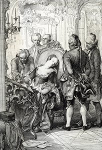 La reina Carolina Matilde (Caroline-Mathilde) de Dinamarca (1751-1775) obligada a firmar los documentos de divorcio tras su aventura extramatrimonial en 1772 (La reina de Dinamarca Carolina Matilde firmando los papeles de divorcio en abril de 1772 por adul