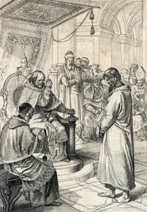 Querilo de las investiduras, penitencia de Canossa: En Canossa, el emperador Enrique IV del Sacro Imperio Romano Germánico (1050-1106), vestido de penitente, implora el perdón del papa Gregorio VII (Hildebrando: 1015/20-1085) haciendo honor a su enmienda e de Peter Johann Nepomuck Geiger