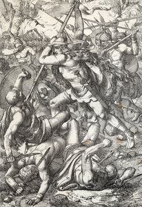 Representación de Pelage el conquistador (Pelagio o Pelayo) (fallecido en 737) rey de Asturias triunfante contra los sarracenos, 719, Covadonga, España (Rey Pelagio de Asturias noble visigodo que fundó el Reino de Asturias, luchando contra los moros, 719 C de Peter Johann Nepomuck Geiger