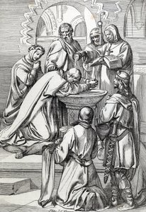 Representación de San Agustín de Canterbury (fallecido en 604), enviado a Inglaterra por el Papa Gregorio Magno en 596 para convertir a los anglosajones - Se encuentra aquí ante Ethelbert, rey anglosajón de Kent (552? -616) al que bautizó en 597 (Agustín,  de Peter Johann Nepomuck Geiger