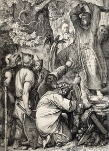 Representación de San Bonifacio de Maguncia (680-754) talando el roble de Thor para convencer a los druidas de que no es un árbol sagrado (San Bonifacio (Bonifacius) destruyendo el roble de Thor (Donar o roble de Jove) árbol sagrado de los paganos germánic de Peter Johann Nepomuck Geiger