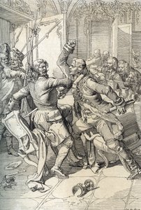 Revuelta de los streltsy: arresto de miembros de los regimientos streltsy (strelets) tras su levantamiento en 1698 contra las innovaciones progresistas del zar Pedro el Grande, Rusia (Streltsy uprising: sospechosos de pertenecer a los regimientos streltsy 