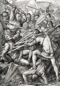 La batalla de Sempach, librada el 9 de julio de 1386 entre Leopoldo III, duque de Austria, y la Vieja Confederación Helvética, dibujo a pluma extraído de "Historische Memorabilian des In-und Auslandes" (Recuerdos históricos del interior y el extranjero) de