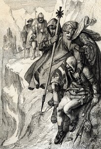 El rey de los romanos Enrique IV pasando el paso del Monte Cenis para cruzar los Alpes e ir a la condesa Matilde de Toscana a Canossa donde el Papa Gregoire VII, enero de 1077" (Enrique IV cruzó los Alpes por el paso del Monte Cenis para llegar al castillo de Peter Johann Nepomuck Geiger