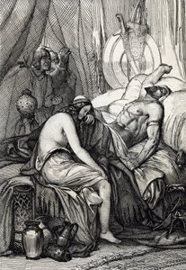 La muerte del rey de los hunos Atila (395-453) durante su sueño en su noche de bodas con la germana Ildico, 453 (Muerte de Atila, soberano de los hunos en su noche de bodas, su novia Ildico llora sobre su cuerpo, 453) Dibujo a pluma extraído de "Historis de Peter Johann Nepomuck Geiger