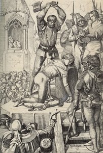 La ejecución de Conradino (o Conrado de Hohenstaufen) rey de Sicilia y duque de Suabia (1252-1268) por orden de Carlos de Anjou tras la batalla de Tagliacozzo en 1268 (Ejecución de Conradino (o Conrado el joven), último rey Staufer de Sicilia, tras