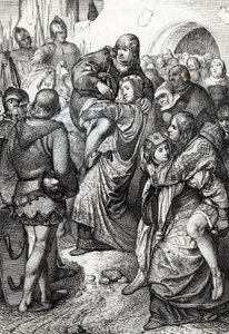 Las mujeres fieles de Weinsberg (Treue Weiber von Weinsberg): las esposas de los soldados derrotados en el asedio de Weinsberg por Conrado III de Hohenstaufen en 1140 llevan a sus maridos a la espalda, Alemania (Las esposas fieles durante el asedio de Wein