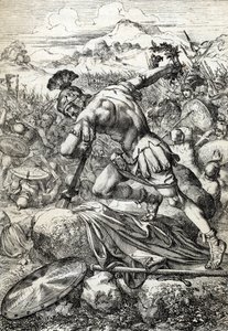 El suicidio del general romano Varo (Publio Quinctilio Varo) (46 a.C.-9 d.C.) sobre su espada en la batalla de Teutoburgo (Teutoburger Wald o Teutberg) que enfrentó a los romanos con los germanos en el año 9 d.C. (Suicidio del general romano Varo en la bat de Peter Johann Nepomuck Geiger