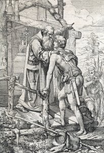El joven Odoacro (h. 433-493) recibiendo la bendición de Severino, Apotre de Norique, h. 470 (Odoacro conoce al monje Severino de Noricum, quien le enseña que un día llegaría a ser famoso, 470 ca) Dibujo a pluma extraído de "Historische Memorabilian des