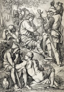 Guerra contra los vikingos: "El rey de Wessex Alfredo I el Grande (846-899) disfrazado de arpista entra en el campamento de Guthrum para derober sus planes de batalla, Somerset 878 (El rey Alfredo el Grande, disfrazado de músico, viendo la situación del en de Peter Johann Nepomuck Geiger
