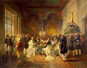 Almuerzo proporcionado en Esmirna por Halim Pasha, ilustración de El viaje de Maximiliano de Habsburgo y su hermano Carlos Luis en el Mediterráneo, de Peter Johann Nepomuk Geiger de Peter Johann Nepomuk Geiger