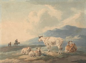 Paisaje de montaña: con vacas y cabras en primer plano y figuras, a la izquierda