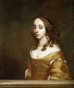 Retrato de una Dama de la Familia Popham, medio cuerpo, detrás de una Ventana, con un Vestido Naranja