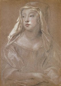 Retrato de una joven, tradicionalmente identificada como Sarah Jennings, duquesa de Marlborough, medio cuerpo, sosteniendo un libro, sus manos cruzadas en su regazo, su tocado drapeado sobre sus hombros, 1667
