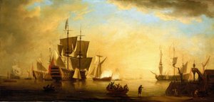 Un edificio británico con otros barcos anclados, al atardecer. Óleo sobre lienzo, principios del siglo XVIII, de Peter Monamy (1681-1749). de Peter Monamy