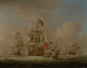 Hombres de guerra británicos y un balandro de Peter Monamy