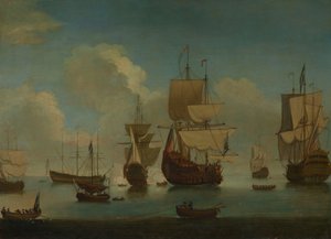 Barcos de guerra ingleses fondeados en calma, secando velas, principios del siglo XVIII (óleo sobre lienzo) de Peter Monamy