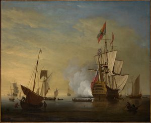 Escena portuaria: un barco inglés con las velas desplegadas dispara un cañonazo de Peter Monamy