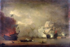 Combate naval entre el HMS "Mary Rose" de la Royal Navy y siete piratas argelinos frente a las costas de Tánger (Marruecos), el 8 de diciembre. de Peter Monamy