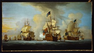 La Flota Inglesa Anclada con el Barco del Almirante Señalando a los Vicealmirantes y Contraalmirantes de los Escuadrones Blanco y Azul de Peter Monamy