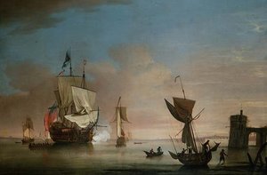 El cañón de la mañana, barco de dos cubiertas con otros barcos de Peter Monamy