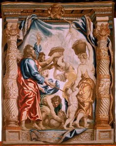 Tapiz flamenco. La caída del maná en el desierto (La caída del maná en el desierto). Serie El Triunfo de la Eucaristía. Tercer tapiz de la serie. Modelo Peter Paul Rubens. 1626-1628. Manufactura Jan II Raes, Jacob II Geubels, Hans Vervoert, Ja de Peter Paul (after) Rubens