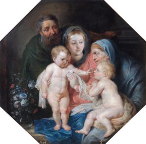 La Sagrada Familia con Santa Isabel y San Juan (óleo sobre cobre) de Peter Paul (after) Rubens