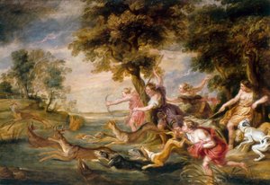 Diana y ninfas cazando gamos, c.1673 (óleo sobre lienzo)