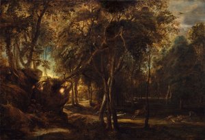 Un bosque al amanecer con una cacería de ciervos, ca. 1635 de Peter Paul Rubens