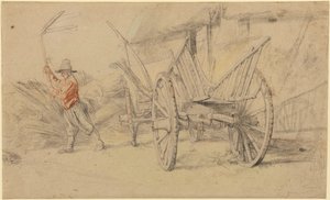 Un hombre trillando junto a un carro, edificios agrícolas detrás de Peter Paul Rubens
