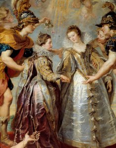 Intercambio de las dos princesas de Francia y España en el río Bidasoa en Hendaya, 9/11/1615. Representación alegórica del matrimonio entre Ana de Austria y Luis XIII por un lado, e Isabel de Francia y Felipe IV por el otro. de Peter Paul Rubens