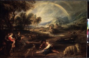 Paisaje con un arco iris. Pintura de Peter Paul (Pierre-Paul) Rubens (o Peter Paul o Petrus Paulus) (1577-1640). Óleo sobre lienzo, 86 x 130 cm, principios de 1630. Arte flamenco, arte barroco. Museo del Hermitage, San Petersburgo. de Peter Paul Rubens