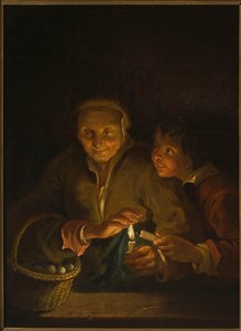 Anciana y niño con una vela
