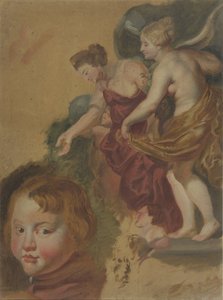 Lámina de estudio que muestra el feliz reinado de Maria dei Medici, una cabeza de niño y dos de hombre. de Peter Paul Rubens